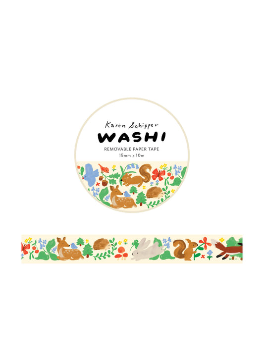 Karen Schipper Woodland Washi Tape with deer, hedgehog, rabbit, squirrel, fox, bird, flowers, mushrooms, and leafy details on a cream background for planners and crafts