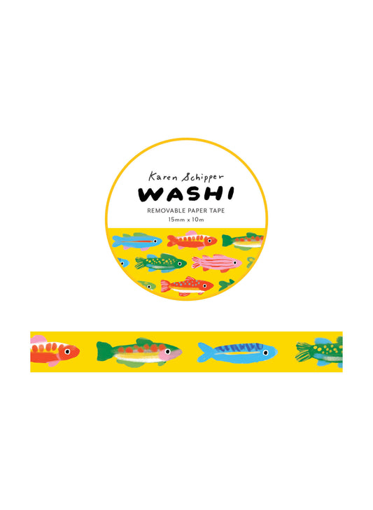 Karen Schipper Trout Washi Tape with colorful illustrated trout on a bright yellow background for planners, journals, and paper crafts